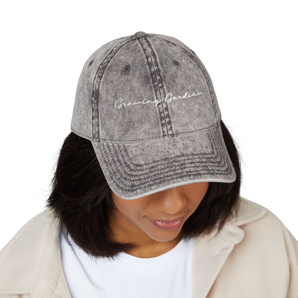 GG Script Embroidered Vintage Hat, White on Charcoal Grey