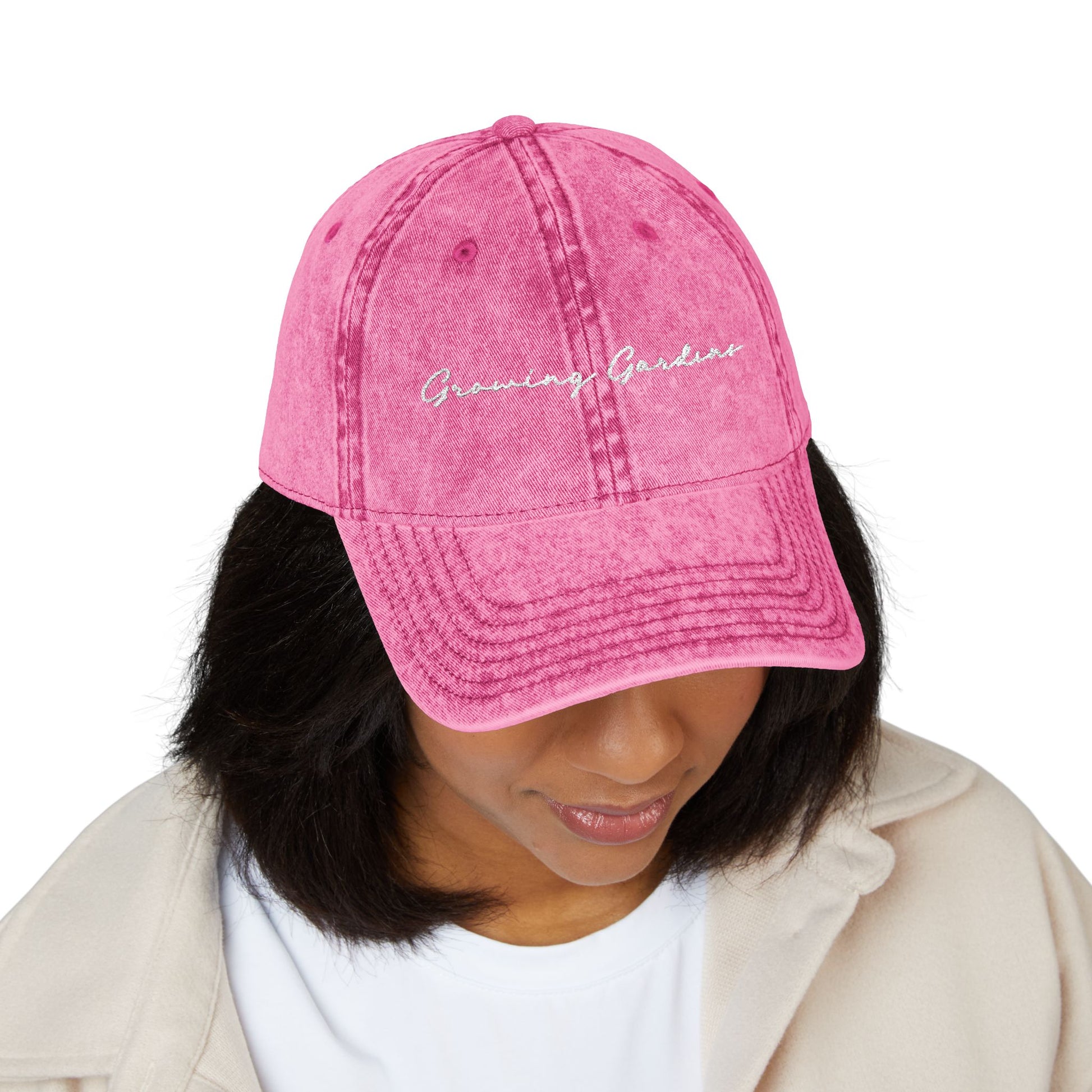 GG Script Embroidery Washed Hat, White on Pink