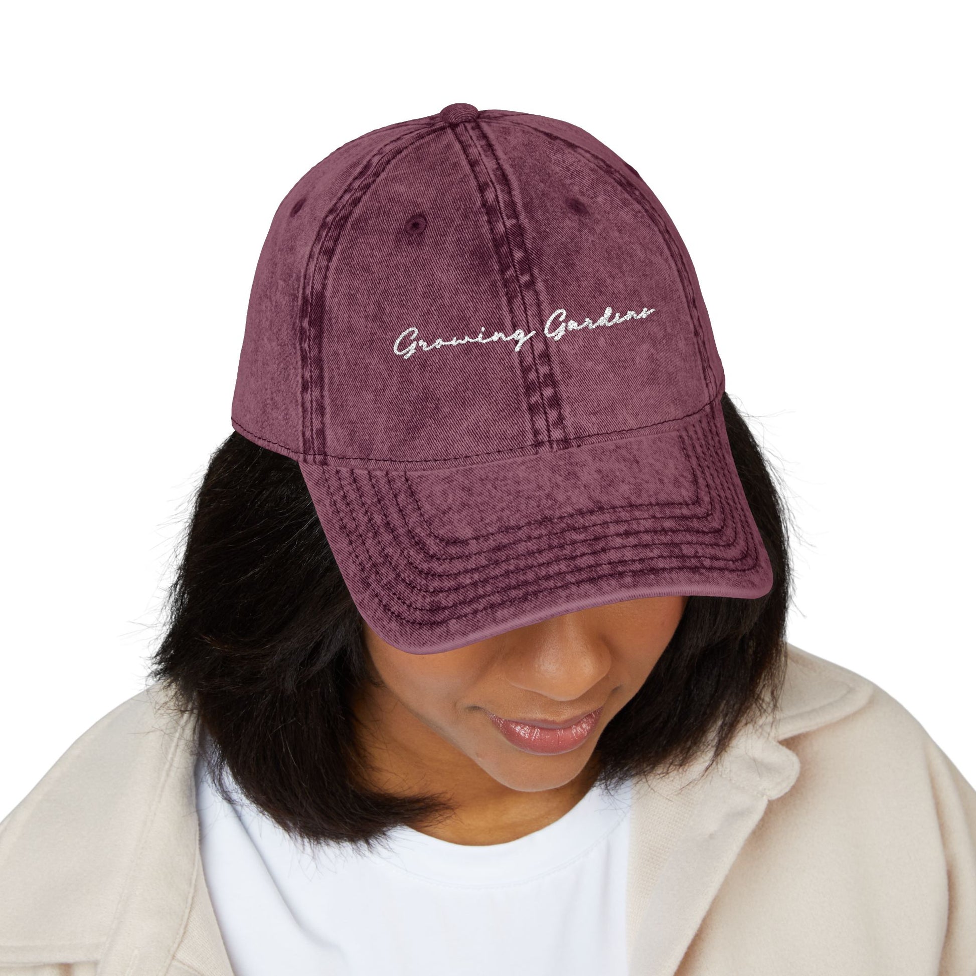 GG Script Embroidery Washed Hat, White on Maroon